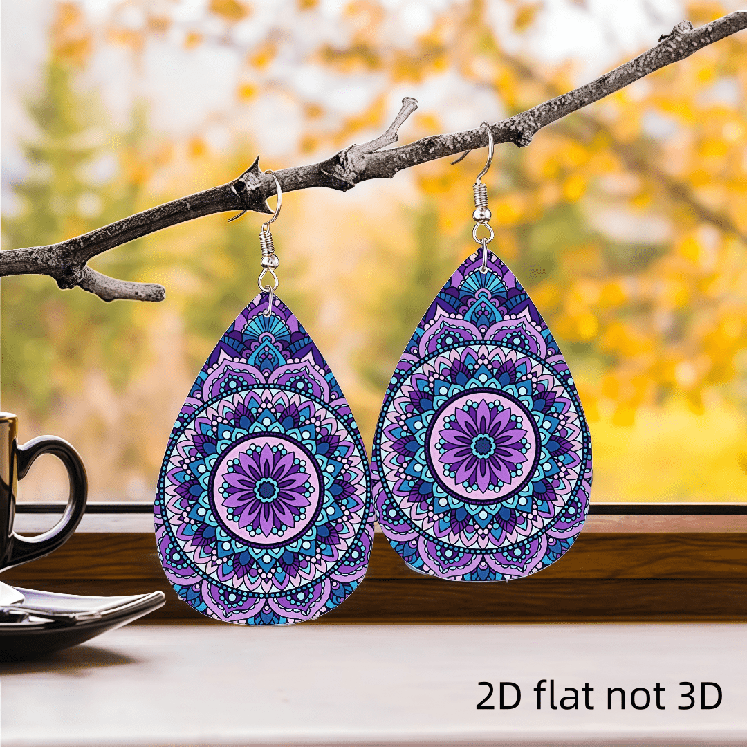 Women's Mandala Pattern 2D Flat Earrings, Unique Design